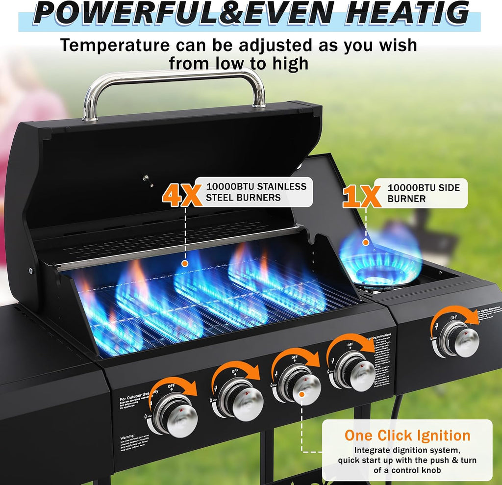 TITIMO 4 Burner Propane Gas Grill with Side Burner and Stainless Steel Grates, Portable Barbecue Grill with Side Table and Spice Rack, Outdoor Gas BBQ with Thermometer for Patio and Party, 50,000 BTU