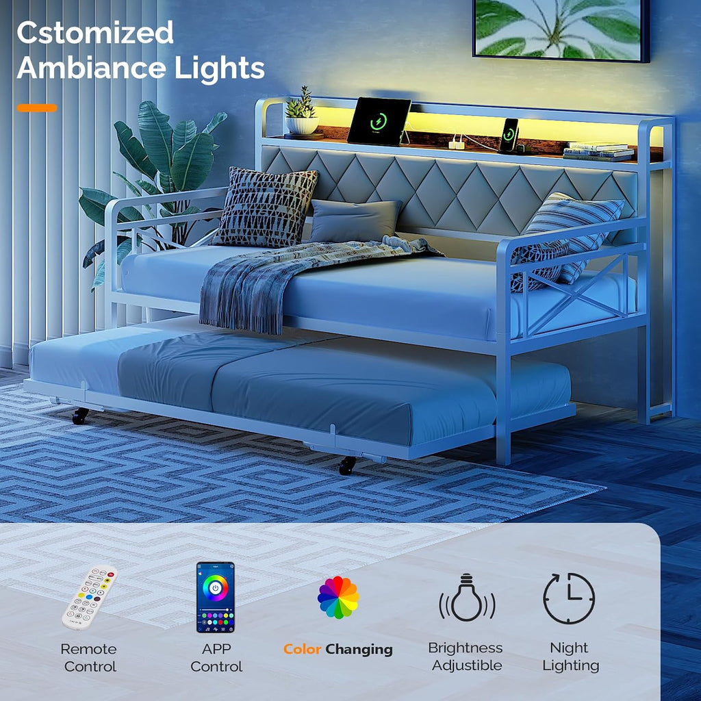 VINGLI Twin Daybed with Trundle Bed, Sofa DayBed with LED Light & Charing Station, Upholstered Bed Frame with Storage Headboard and Heavy Duty Metal Slats, for Living Room, Bedroom, Guest Room, White