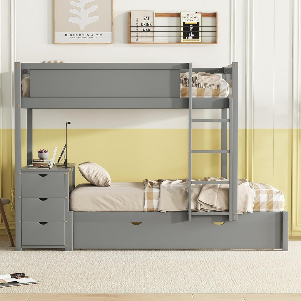 Ball & Cast Twin-Over-Twin Bunk Bed with Twin Size Trundle,Solid Wood Bedframe W/Desk & Drawers,USB,Space Saving,Easy Assembly,Multifunctional Bedroom Furniture Set for Boys Girls Teens,Gray