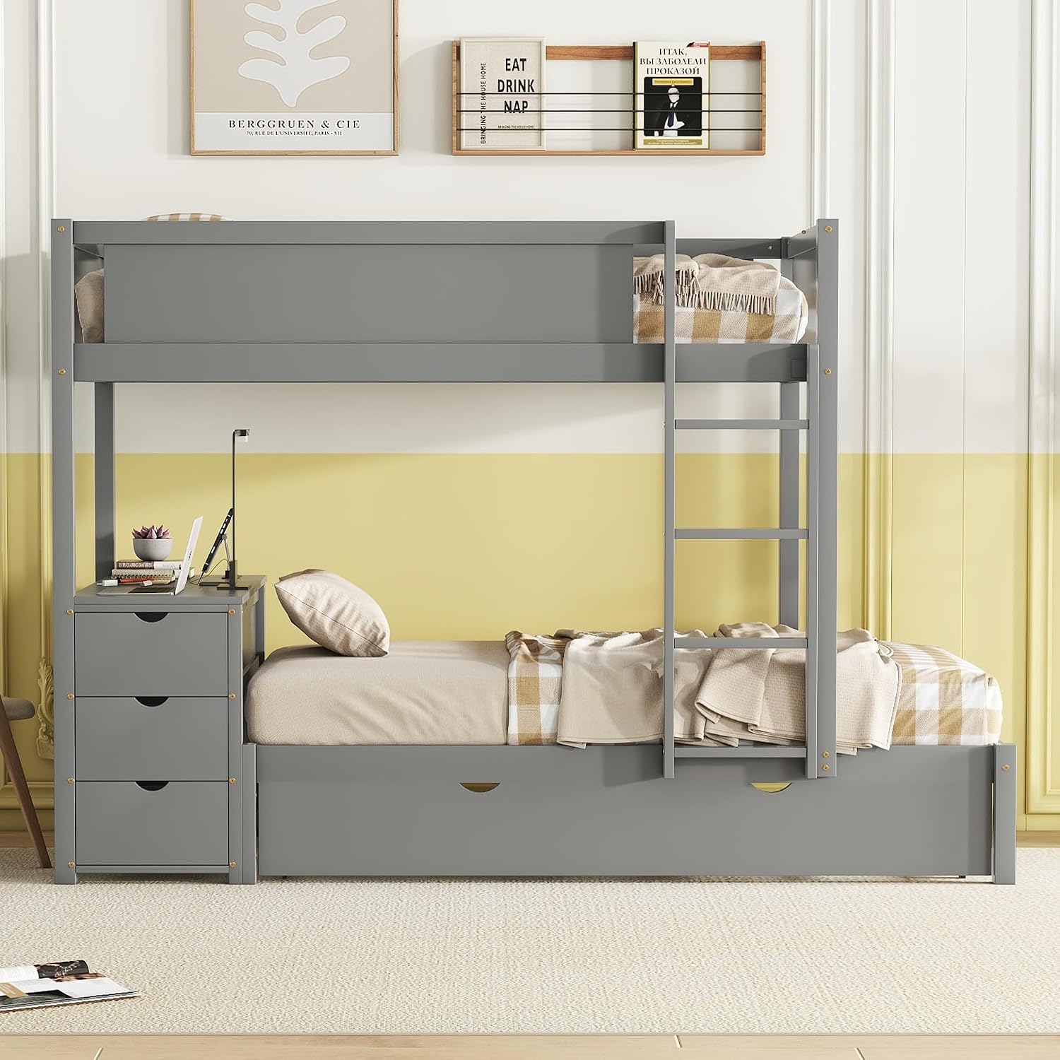 Ball & Cast Twin-Over-Twin Bunk Bed with Twin Size Trundle,Solid Wood Bedframe W/Desk & Drawers,USB,Space Saving,Easy Assembly,Multifunctional Bedroom Furniture Set for Boys Girls Teens,Gray