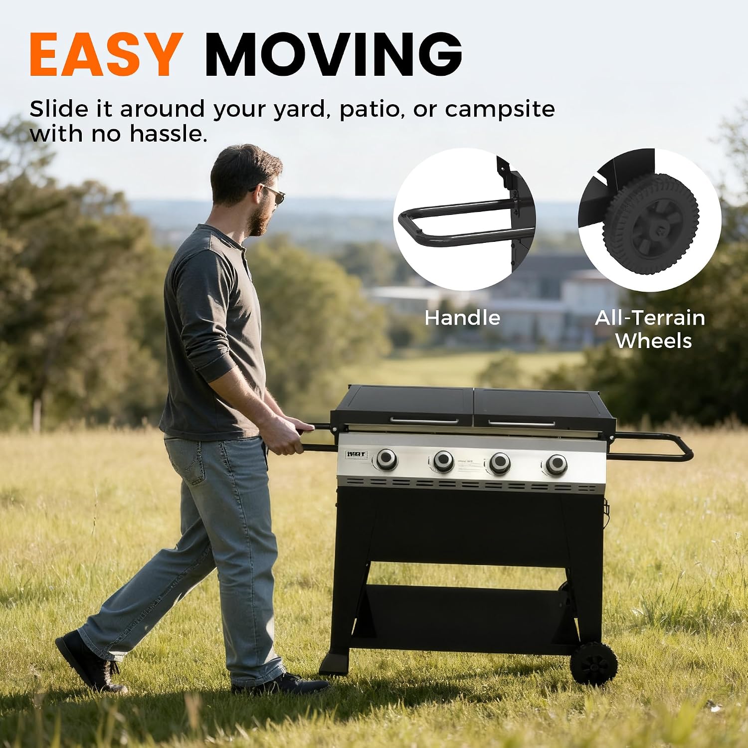 3-Burner Propane Grill, 34,000 BTU Outdoor Flat Top Propane Gas Griddle Grill with 540 Sq In Cooking Area, Rolling Wheels, Folding Side Shelves & Cover for Camping, Backyard BBQ (3 Burner)