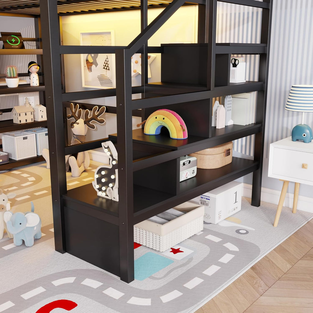 Full Size Metal Loft Bed with RGB Lights and Charging Station,High Loft Beds with 4 Shelf Bookcase and Storage Stairs,Heavy Duty Bed Frame with High Guardrail for Kids Teens,Black