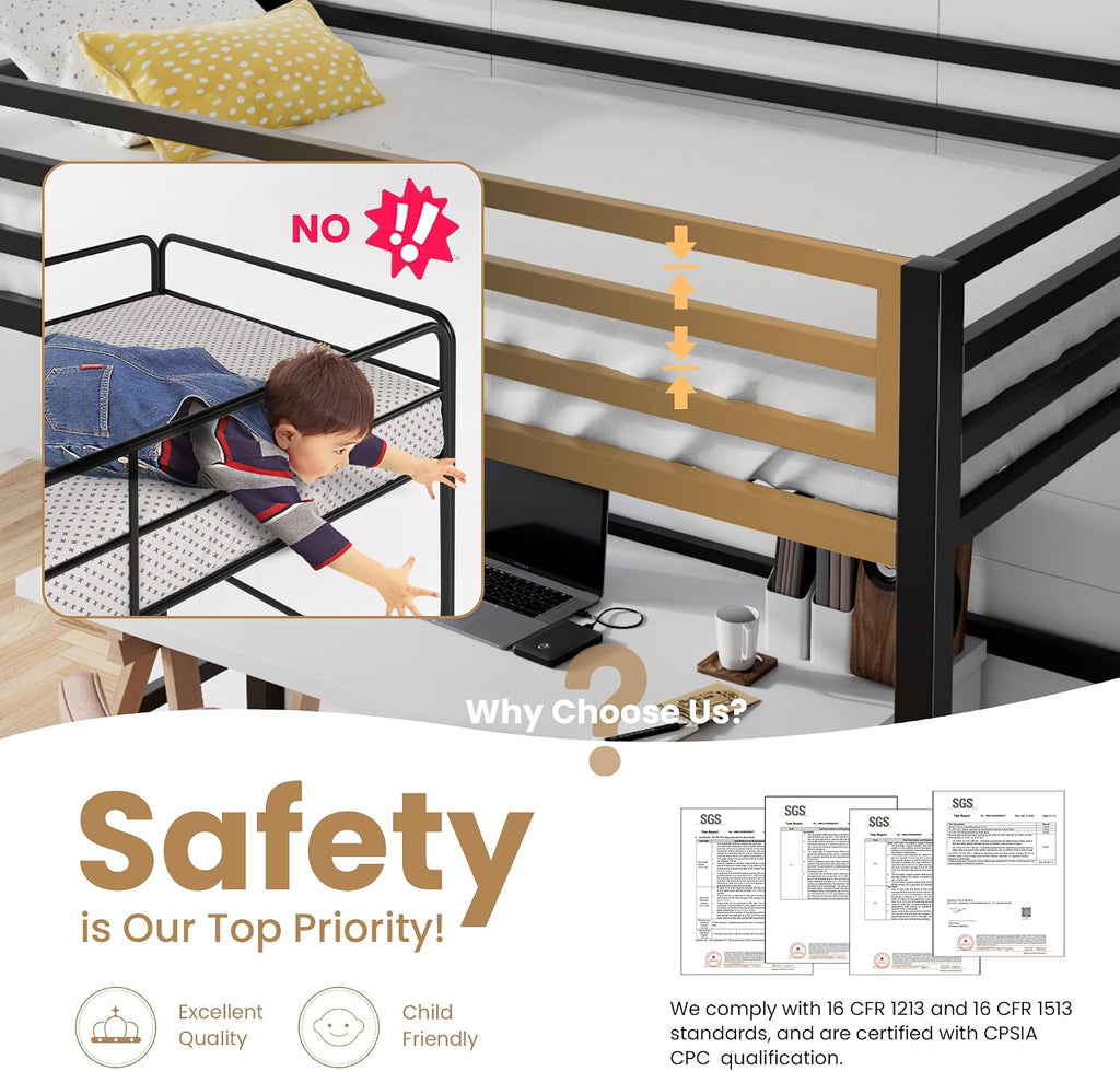 SHA CERLIN Loft Bed Twin Size with Ladder and Guardrail,Heavy Duty Metal Slats Support No Box Spring Needed Small Space Saving Furniture for Bedroom Dorm,Black