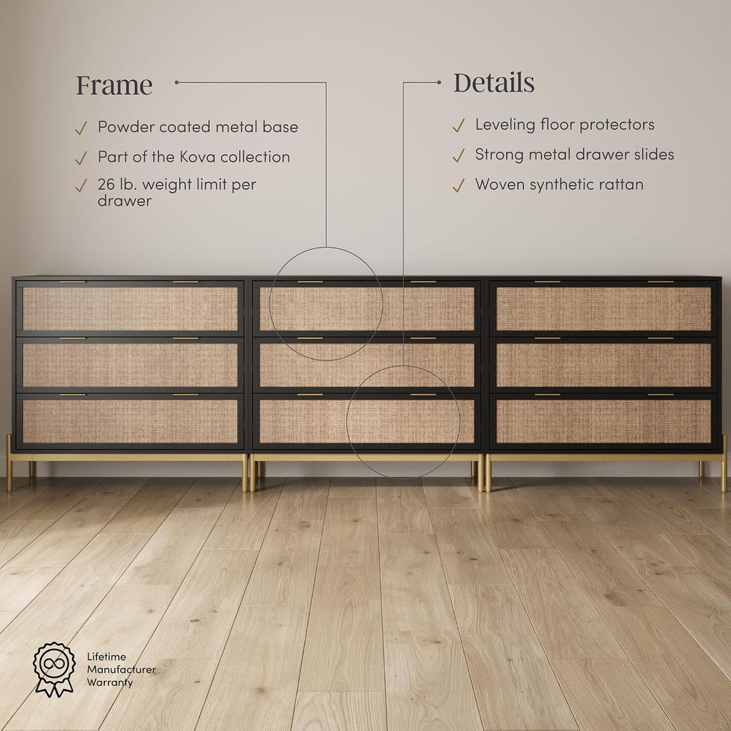 Nathan James Kova Boho Dresser or Storage Cabinet with Drawers for Bedroom or Nursery with Textilene Rattan Accent and Metal Legs, Black Oak, Set of 3