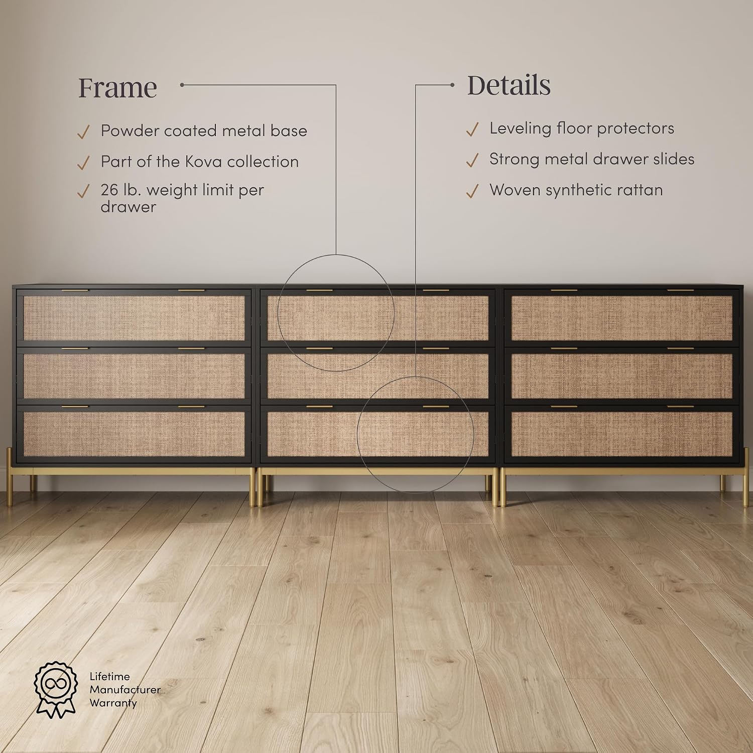 Nathan James Kova Boho Dresser or Storage Cabinet with Drawers for Bedroom or Nursery with Textilene Rattan Accent and Metal Legs, Black Oak, Set of 3