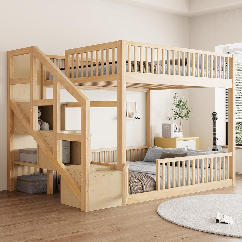 Full Over Full Floor Bunk Bed with Storage Ladder and Guardrails,for Kids Teens Adults (Natural#FF, Full Over Full)