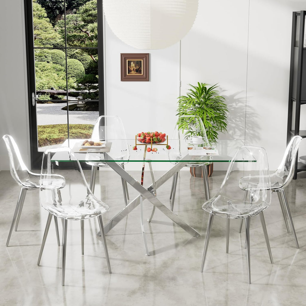 7 Pcs Modern Clear Glass Dining Table Set, 63'' Luxury Rectangular Kitchen Table Set, 6 Person Minimalist Dinner Room Table Set with Clear Acrylic Chair, for Bedroom Large Apartment (Silver)