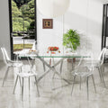 7 Pcs Modern Clear Glass Dining Table Set, 63'' Luxury Rectangular Kitchen Table Set, 6 Person Minimalist Dinner Room Table Set with Clear Acrylic Chair, for Bedroom Large Apartment (Silver)