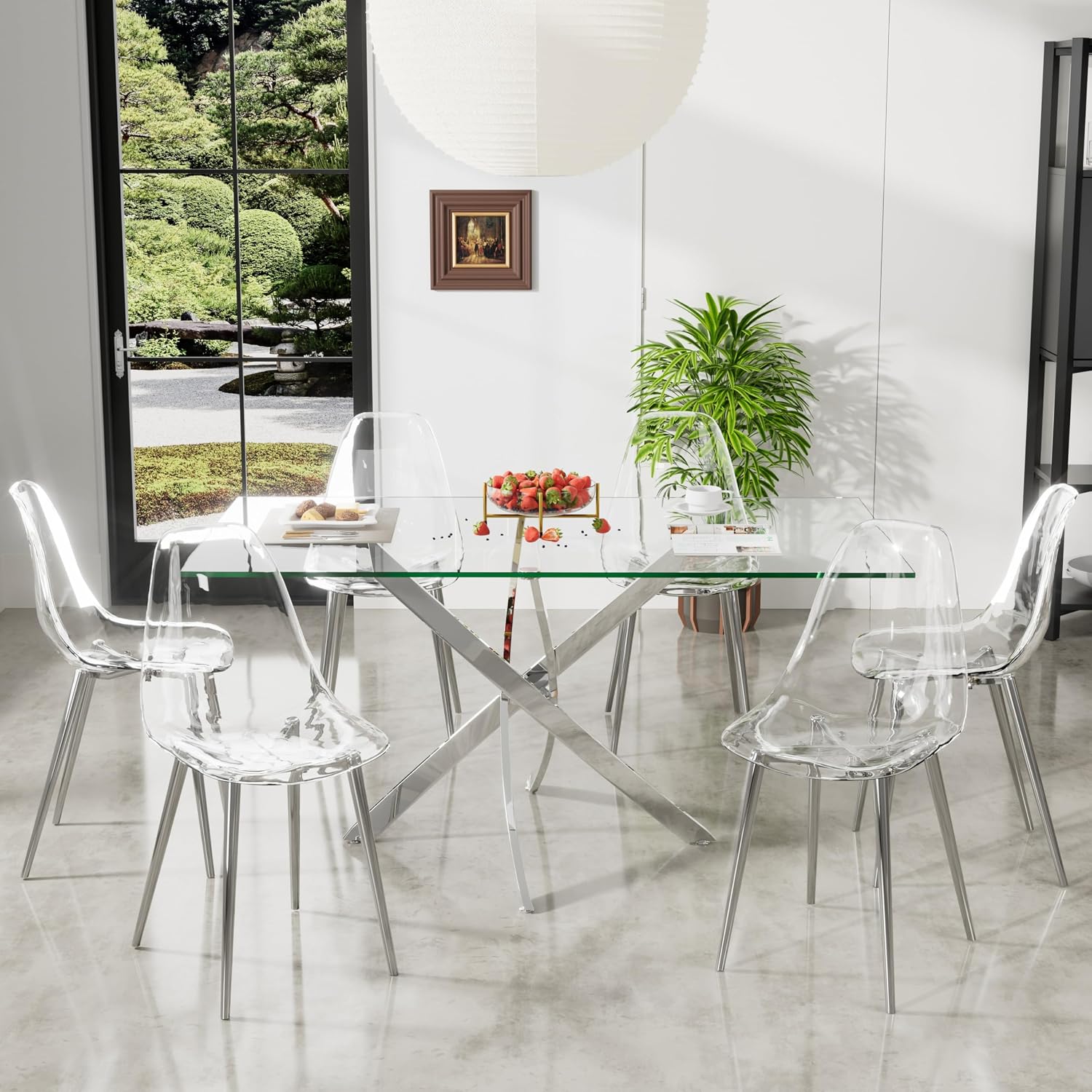 7 Pcs Modern Clear Glass Dining Table Set, 63'' Luxury Rectangular Kitchen Table Set, 6 Person Minimalist Dinner Room Table Set with Clear Acrylic Chair, for Bedroom Large Apartment (Silver)