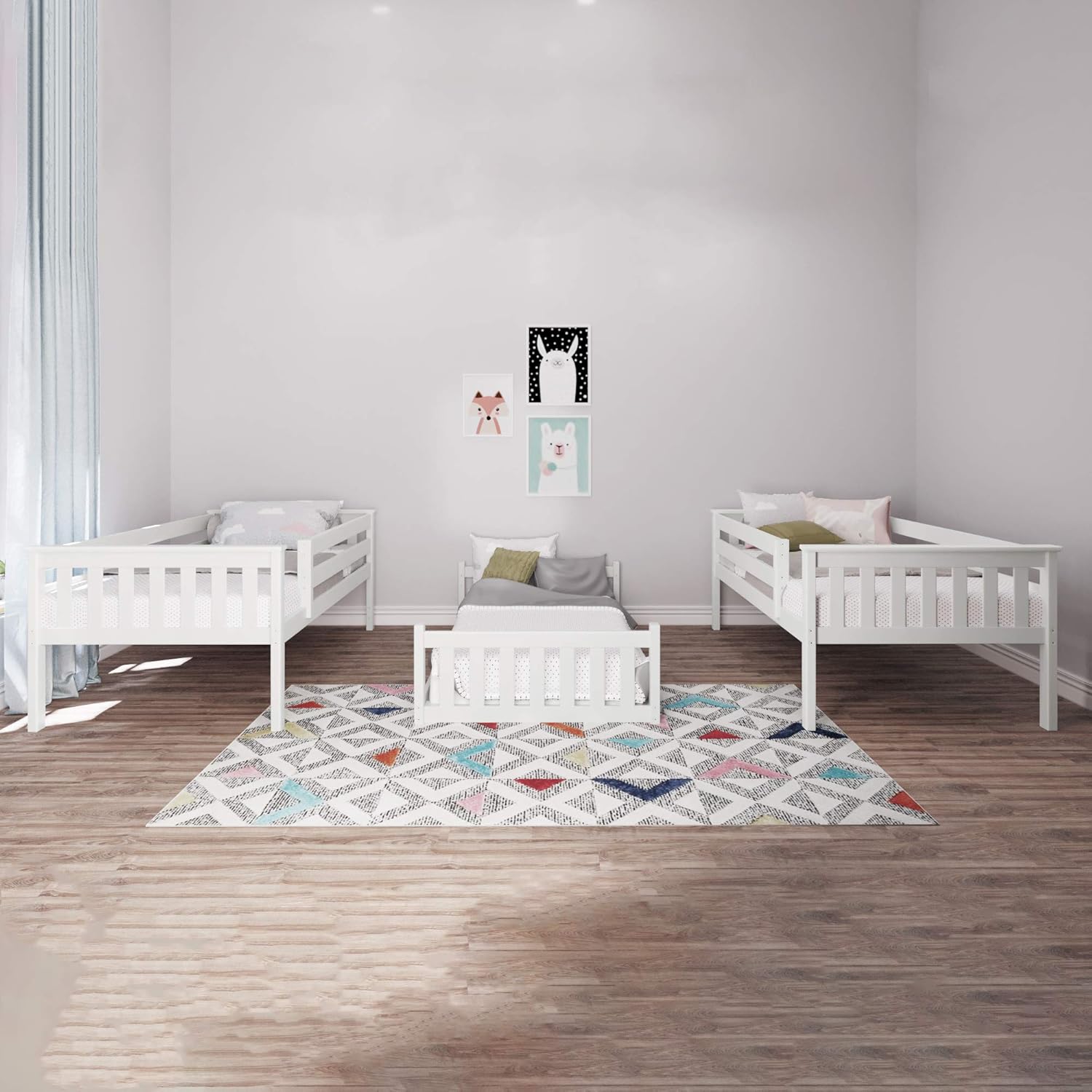 Max & Lily Triple Twin Bunk Bed, Solid Wood Bed Frame For Kids, No Box Spring Needed, Easy Assembly, White