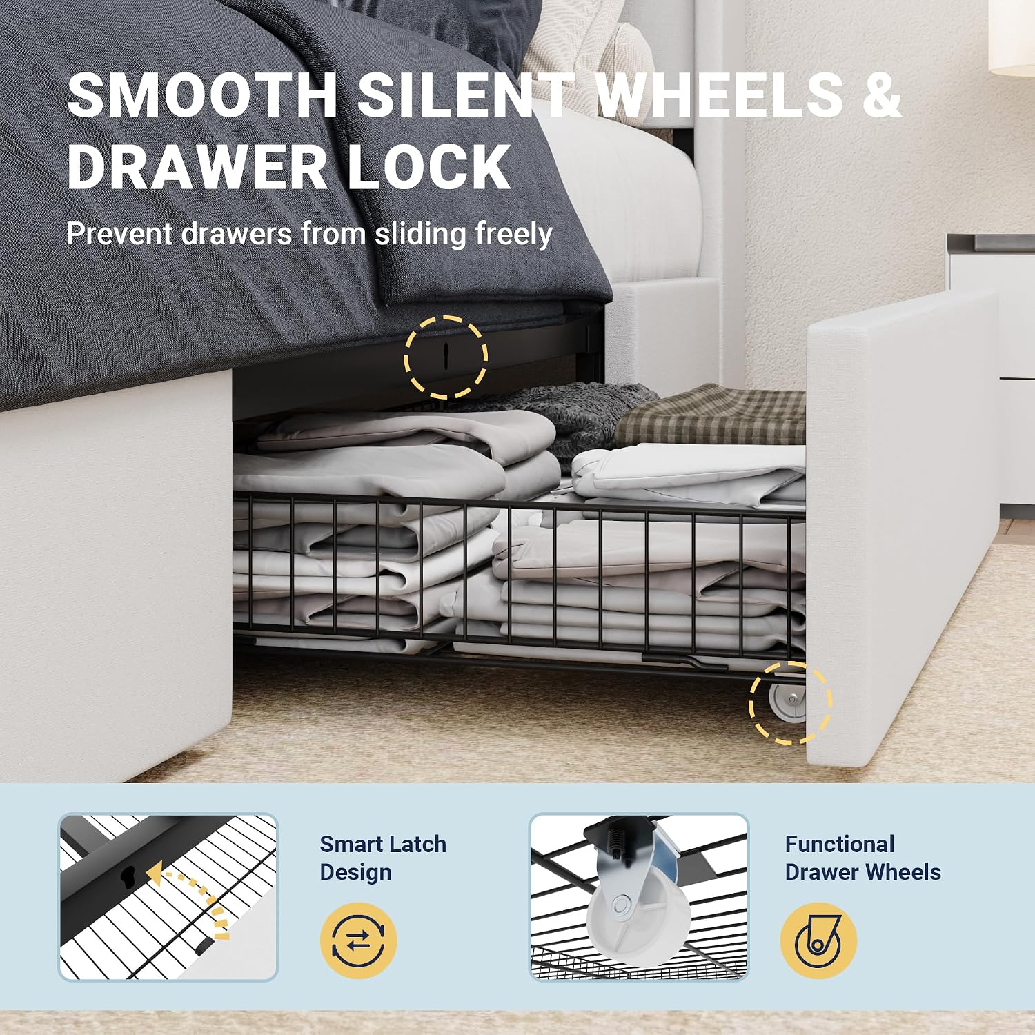 Allewie Queen Size Velvet Bed Frame with 3 Storage Drawers, Upholstered Platform Bed with Wingback Storage Headboard and USB Ports, No Box Spring Needed, Easy Assembly, White
