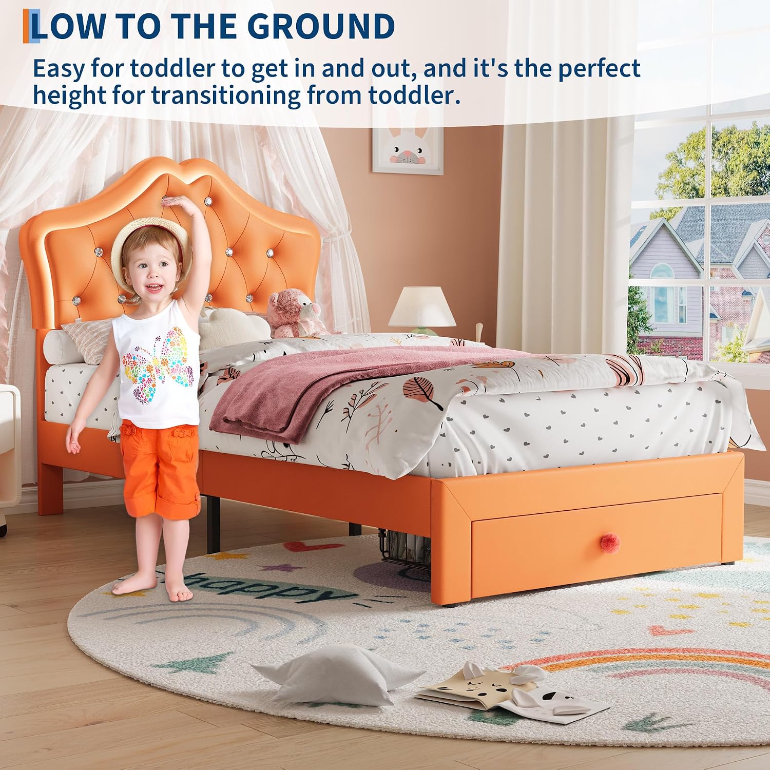 Garvee Twin Size Bed Frame with LED Lights & Velvet Crystal Button Headboard, Upholstered Boy/Girl Platform Bed with Storage Drawer, Noise Free, No Box Spring Needed for Kids, Teens, Orange