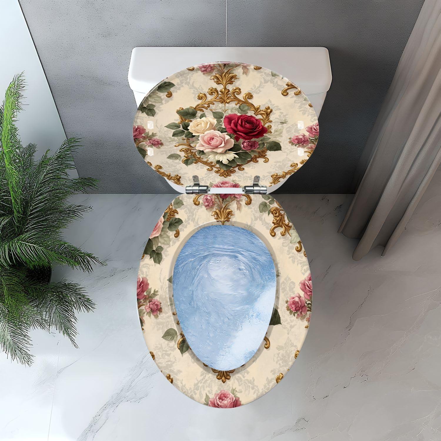 Elongated Toilet Seat Floral Roses Ornate Gold Soft Pink Victorian Vintage Baroque Resin Toilet Seat with Quietly Close Quick Release Hinges Decorative Toilet Seat with Cover Easy to Clean and Install