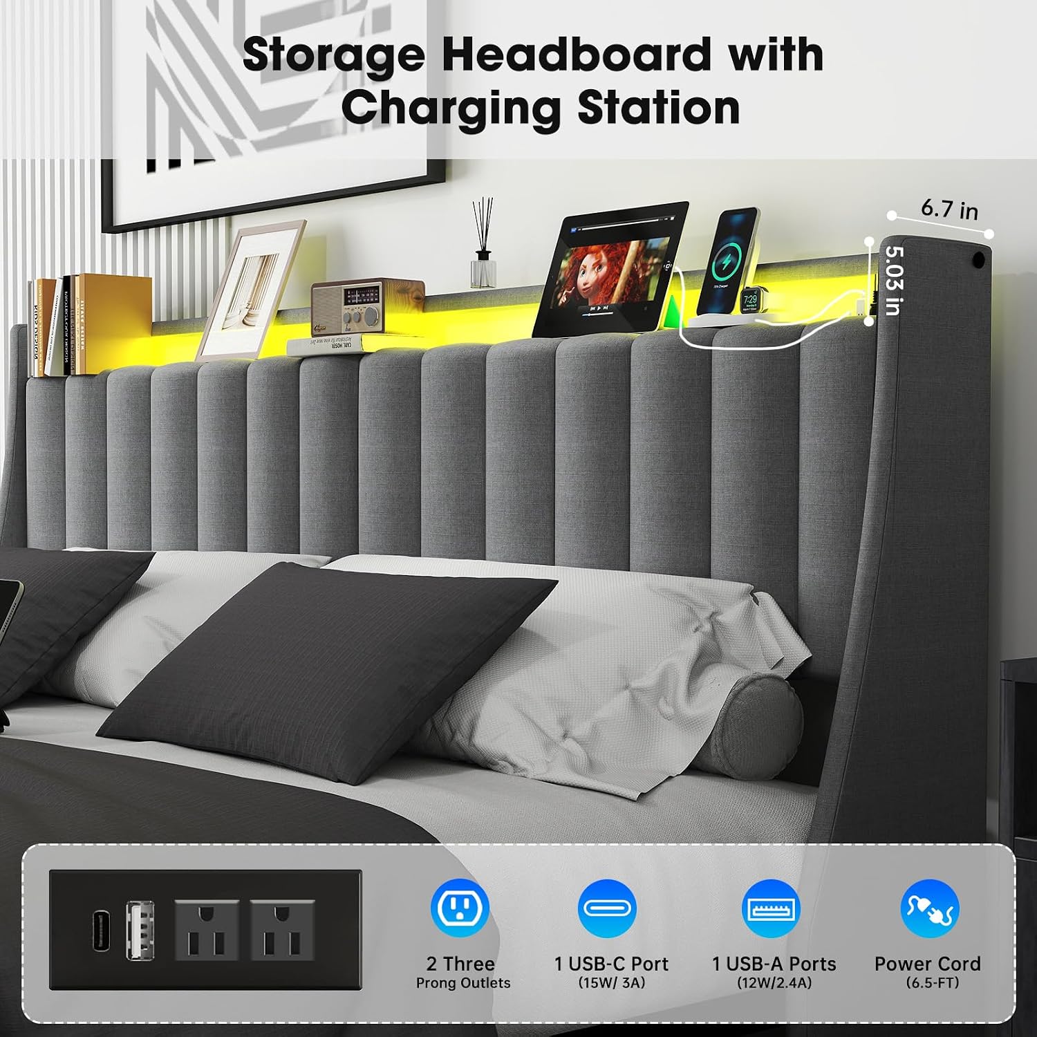 UINTAI King Size Bed Frame with LED Lights and Charging Station, Upholstered Platform Bed with Storage Headboard and 4 Drawers, Metal Slat Support, Noise-Free, No Box Spring Needed, Easy Assembly