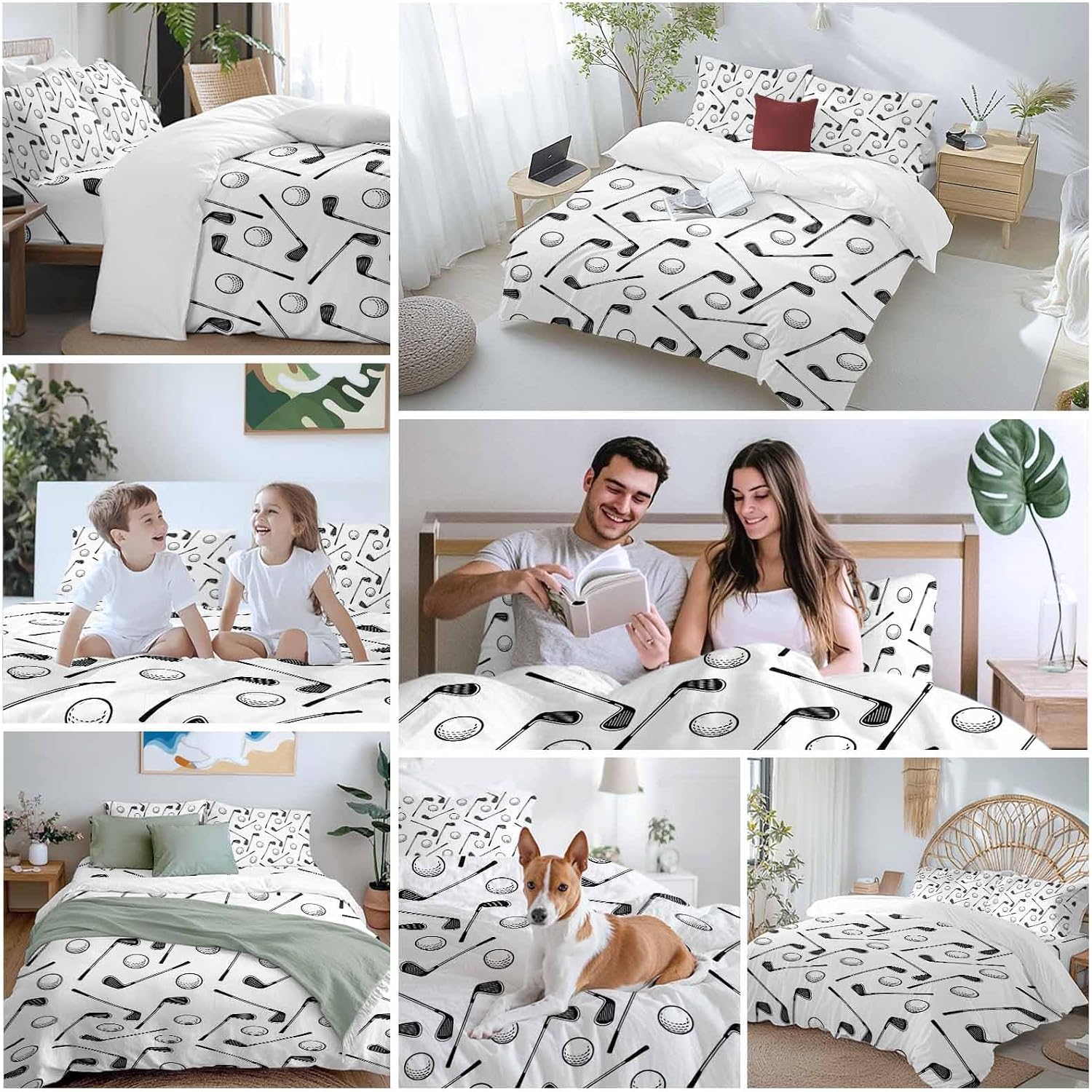 Golf Balls Duvet Cover Set Queen Size 4 Pieces Retro Sports Style Golf Poles Minimalist Modern Bedding Set with Zipper Closure, 1 Comforter Cover 90x92 Inches 1 Flat Sheet & 2 Pillow Cases