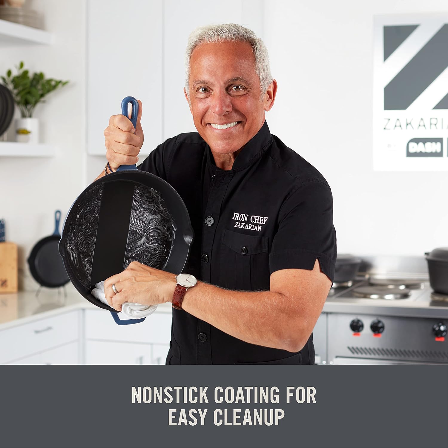 Zakarian x Dash Nonstick Cast Iron Braiser - Oven-Safe Pan with Cast Iron Lid - Features Titanium Ceramic Coating - Easy to Clean - Blue, 4.5-Quart