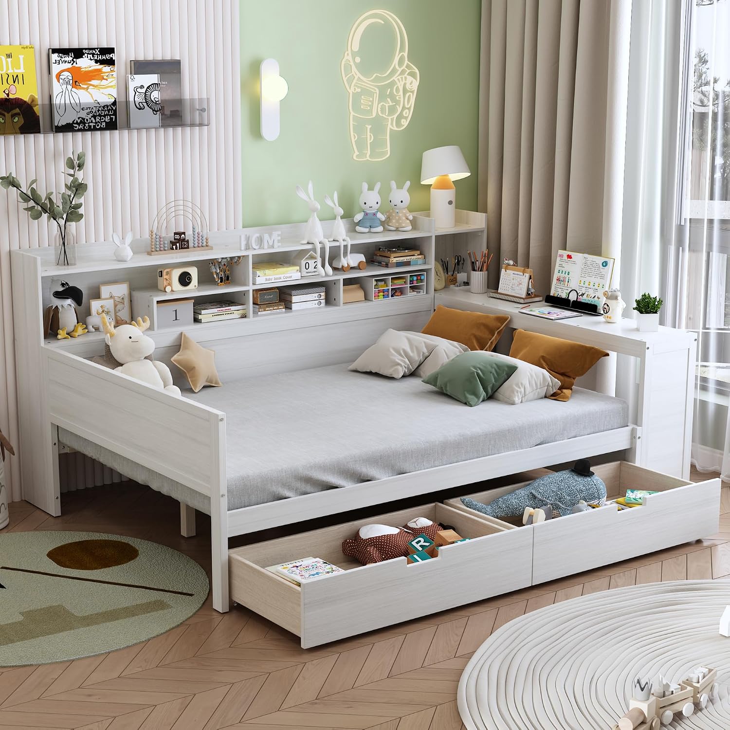 Full Size Daybed with Desk,Storage Drawers and Shelves, Pine Wood Captains Bed Frame with Bookcase and Headboard for Kids Boys Girls Teens, Antique White