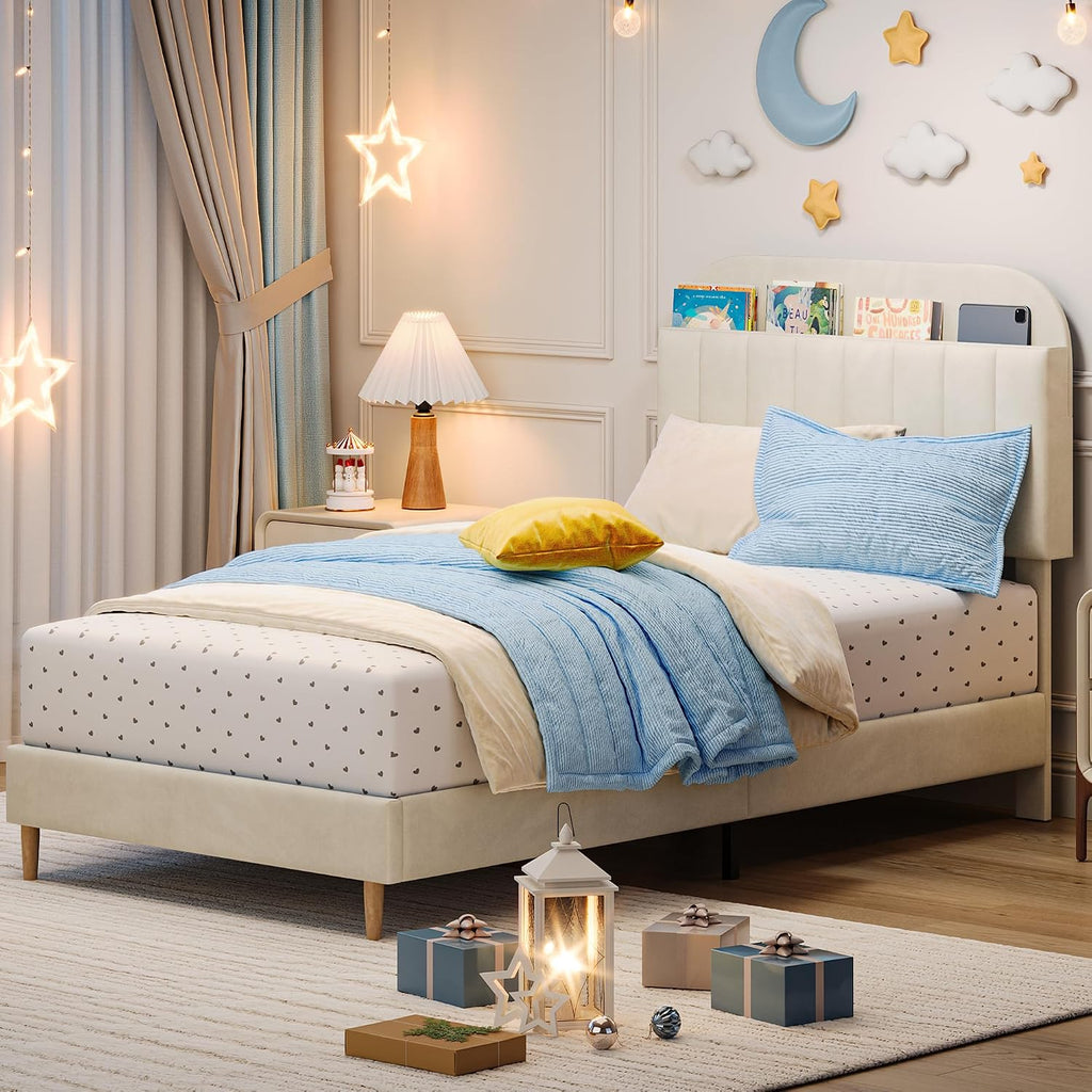 GarveeHome Full Bed Frame with Storage Headboard, Velvet Upholstered Platform Bedframe for Kids, Girl Bed, Strong Wooden Slats, Noise-Free, Easy Assembly, No Box Spring Needed, Beige