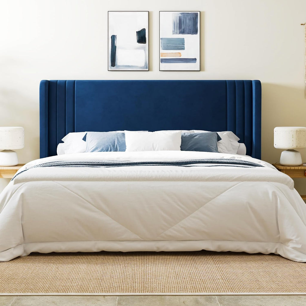 Allewie King Size Velvet Platform Bed Frame with Vertical Tufted Wingback Headboard, Easy Assembly, Under Bed Storage, No Box Spring Required, Modern Style, Blue