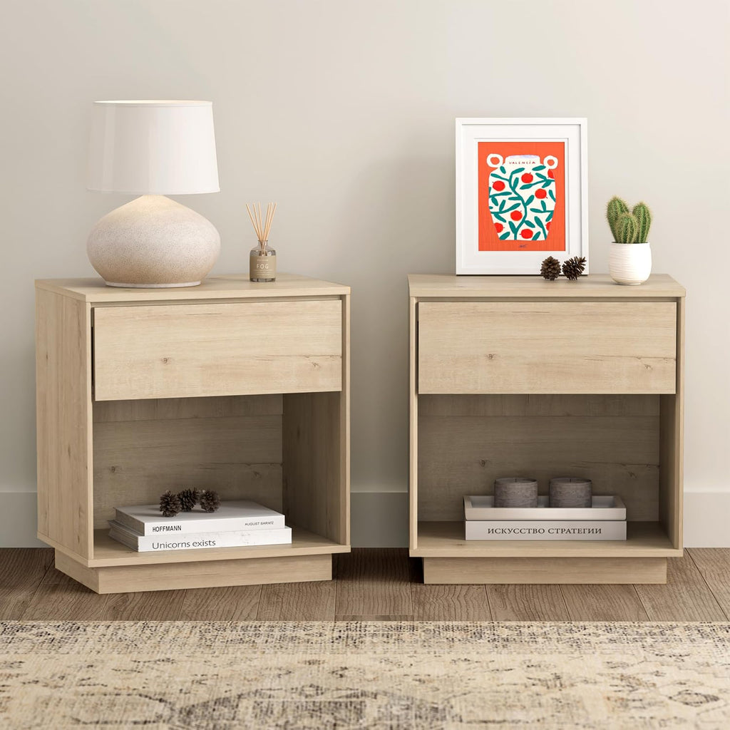 EYYTHUNG Modern End Side Table Set of 2, Wood Nightstand with Storage and Open Shelf, Farmhouse Boho Bedside Table Accent Night Stand for Bedroom, Light Oak