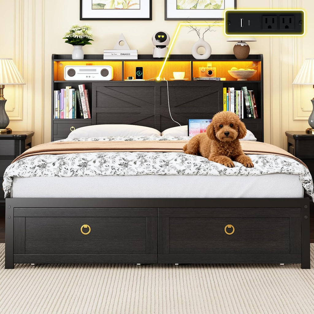 Full Bed Frame with Storage Headboard, Farmhouse Platform Bed Frame with Bookshelf, Drawers, LED Lights and Charging Station, Metal Slats Support, Noise Free, No Box Spring Needed, Black