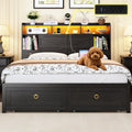 Full Bed Frame with Storage Headboard, Farmhouse Platform Bed Frame with Bookshelf, Drawers, LED Lights and Charging Station, Metal Slats Support, Noise Free, No Box Spring Needed, Black