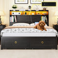 Queen Bed Frame with Storage Headboard, Farmhouse Platform Bed Frame with Bookshelf, Drawers, LED Lights and Charging Station, Metal Slats Support, Noise Free, No Box Spring Needed, Black
