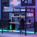 Ball & Cast Modern Full Size Loft Bed with Storage Shelve & LED Light,Metal Bedframe W/Built-in Desk & Computer Host Shelf,Space Saving,Child's and Adults' Bedroom Furniture for Studying Working,Black