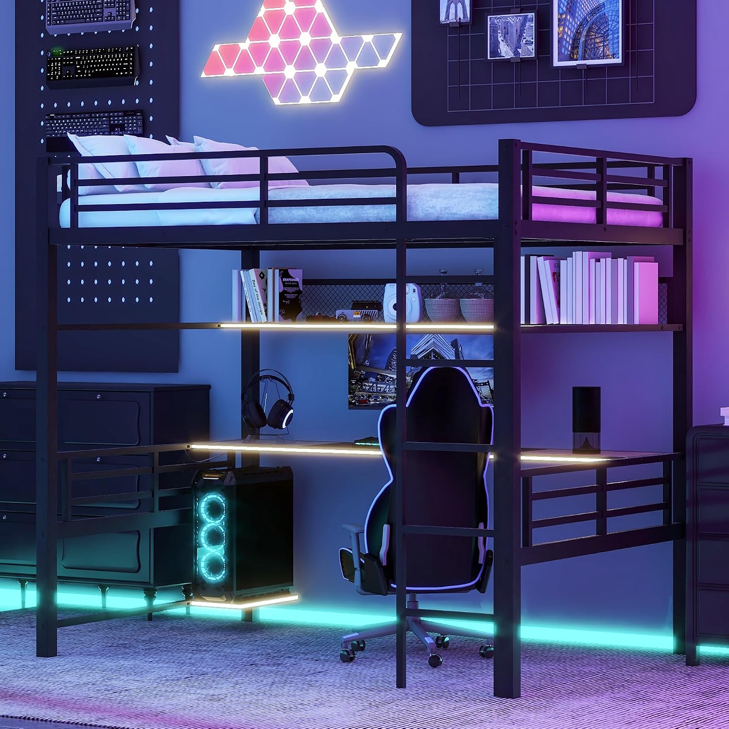 Ball & Cast Modern Full Size Loft Bed with Storage Shelve & LED Light,Metal Bedframe W/Built-in Desk & Computer Host Shelf,Space Saving,Child's and Adults' Bedroom Furniture for Studying Working,Black
