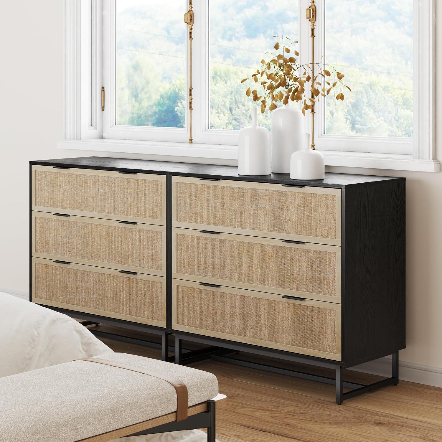Nathan James Kova Boho Dresser or Storage Cabinet with Drawers for Bedroom or Nursery with Textilene Rattan Accent and Metal Legs, Black Oak, Set of 2