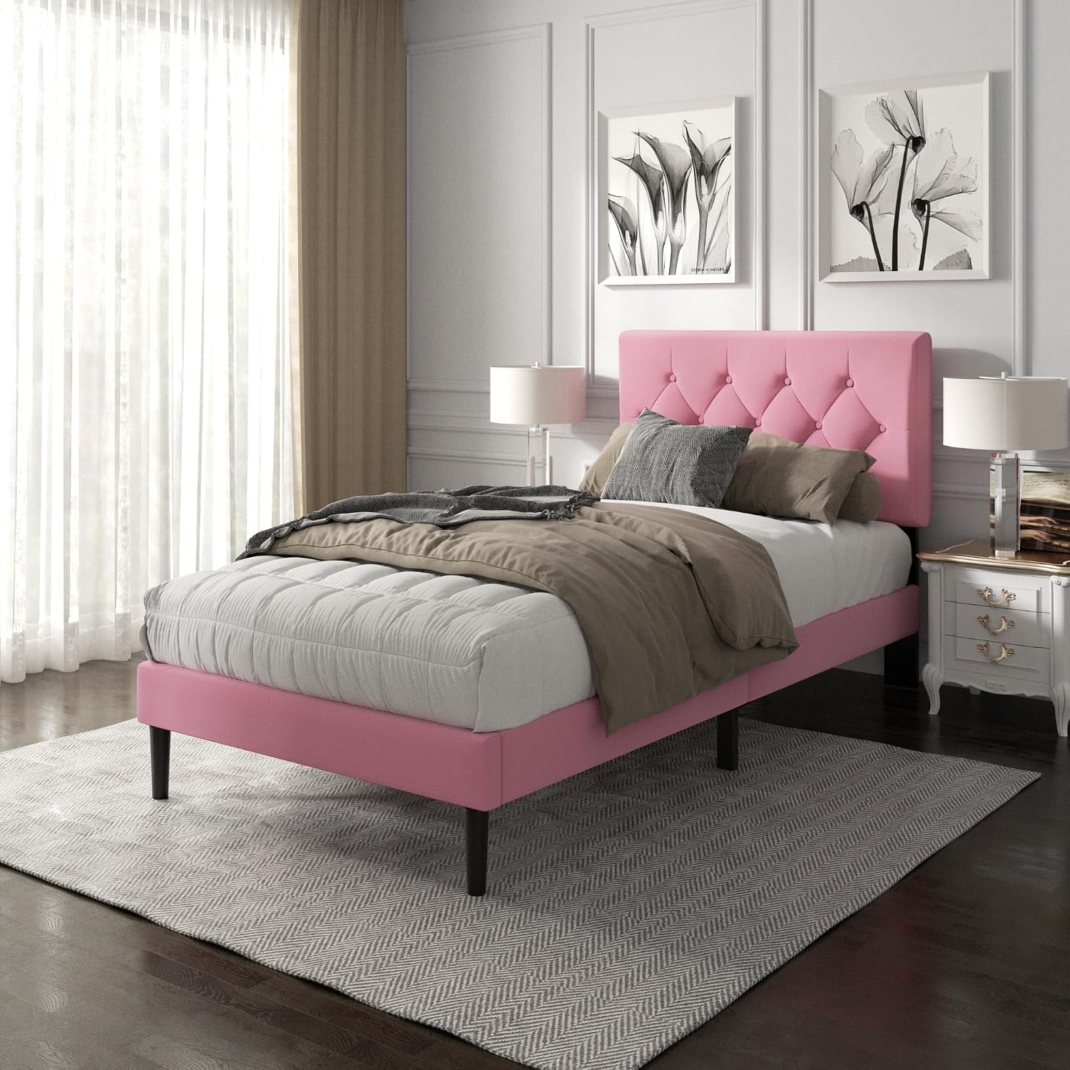 HAOARA Twin Size Platform Bed Frame with Upholstered Button Tufted Headboard, Mattress Foundation with Wooden Slat Support, Noise Free, No Box Spring Needed, Easy Assembly, Pink Velvet