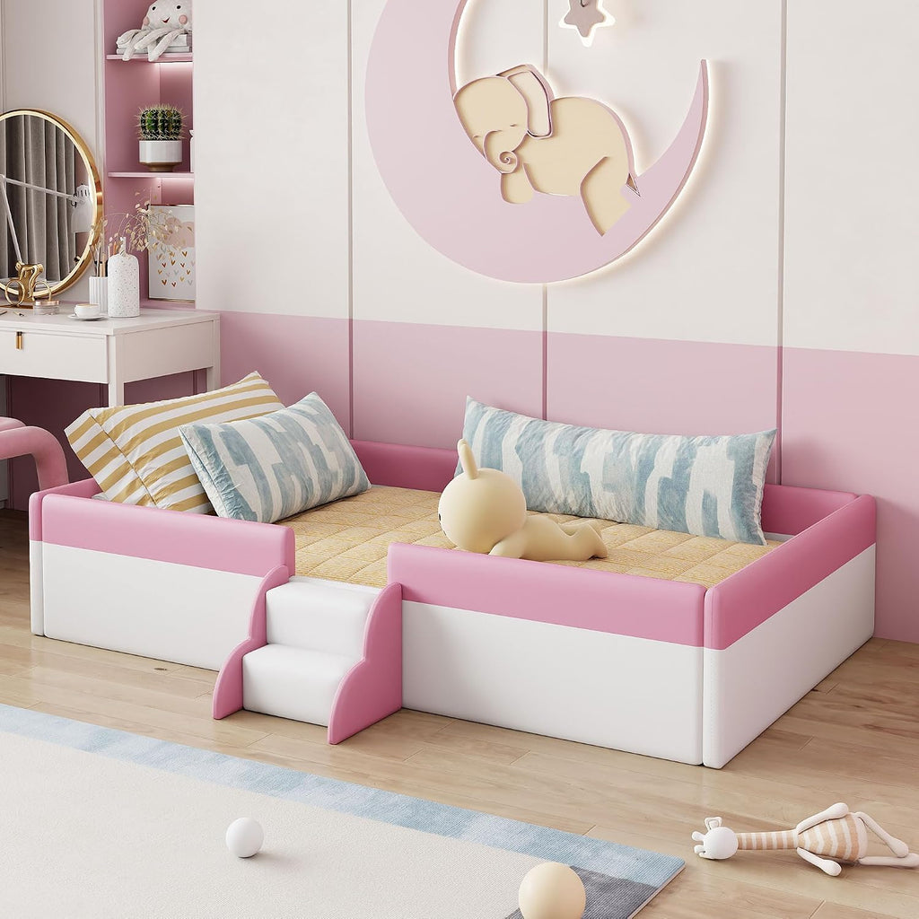 VilroCaz Full Size Upholstered Daybed Frame with Fence and Stairs, Montessori Kids Floor Bed with Sturdy Slat Support for Kids Boys Girls
