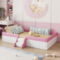 VilroCaz Full Size Upholstered Daybed Frame with Fence and Stairs, Montessori Kids Floor Bed with Sturdy Slat Support for Kids Boys Girls