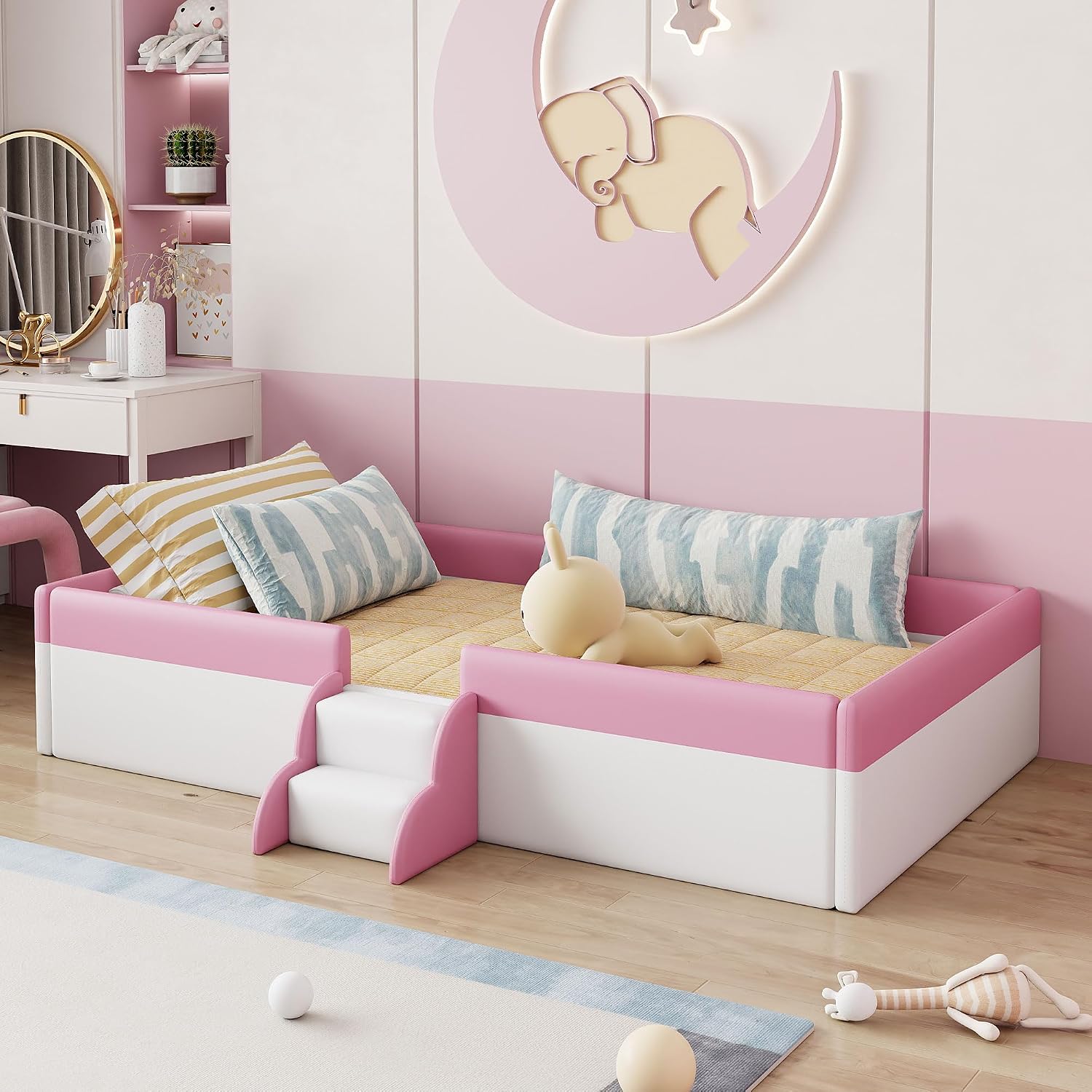 VilroCaz Full Size Upholstered Daybed Frame with Fence and Stairs, Montessori Kids Floor Bed with Sturdy Slat Support for Kids Boys Girls
