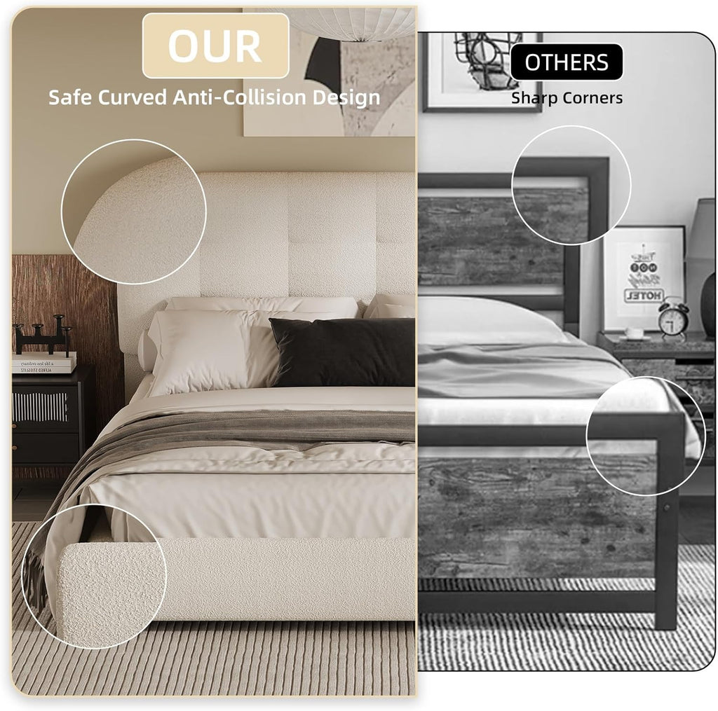 BarnFurin Queen Bed Frame, Boucle Upholstered Platform Bed with Headboard, Cloud Bed Frame, Soft Rounded Corners, No Box Spring Required, Easy Assembly, White