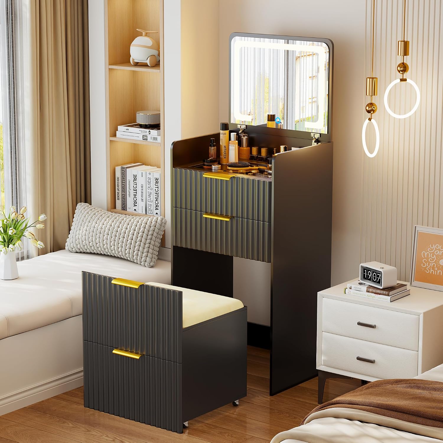 Lvifur 3 in 1 Vanity Desk with Plip Top Mirror,Black Small Makeup Vanity Set with Visible Glass Desktop,Compact Vanity with 3 Drawers,Storage Compartment and Padded Stool,Dressing Table for Bedroom