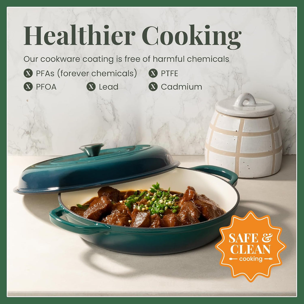 Larder & Vine Enameled Cast Iron Braiser | 3.6 qt Braiser Pan with Lid | Shallow Dutch Oven Compatible on All Cooktops | Casserole Dish Oven Safe to 500° F | Dual Handles | Bondi