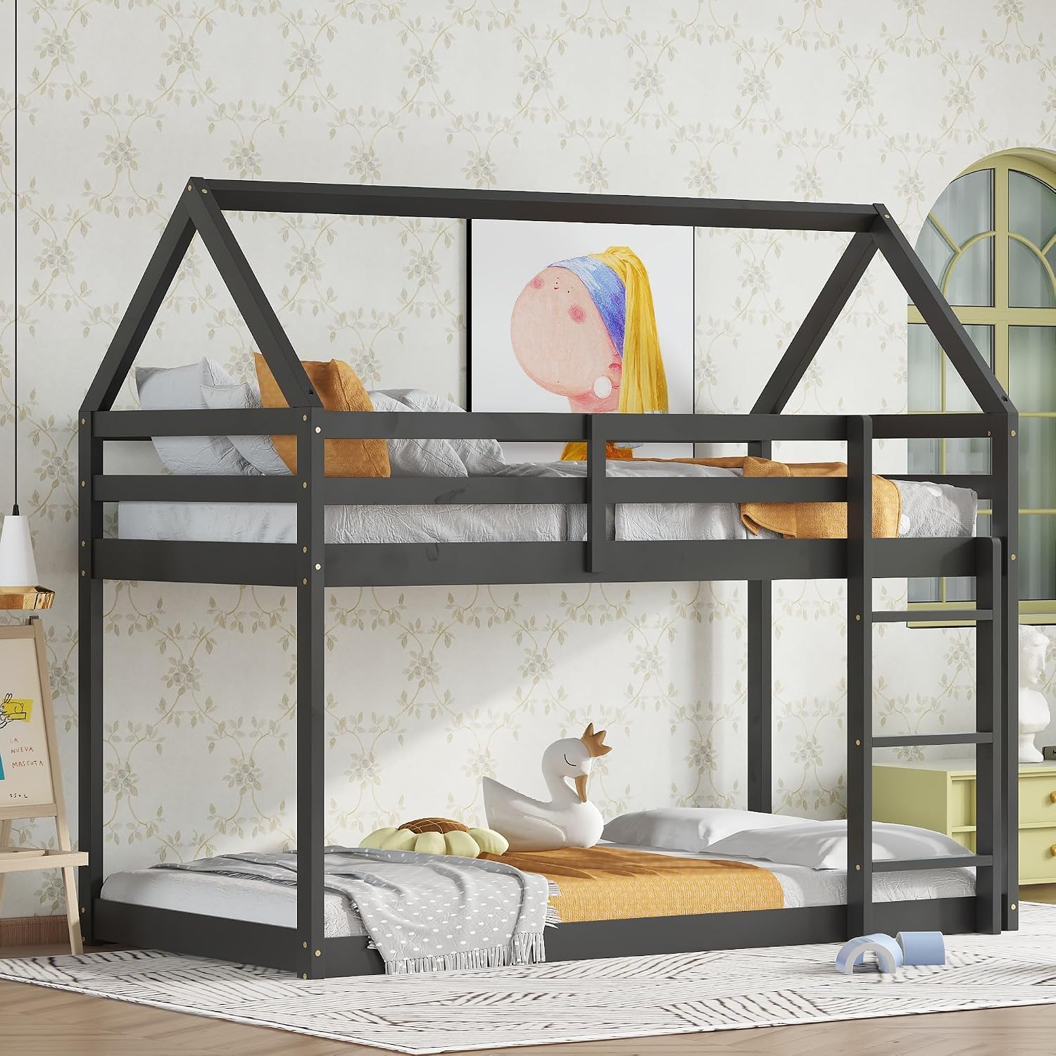 Bellemave Twin Over Twin Bunk Bed, Wooden House Bunk Bed with Ladder and Guardrail for Bedroom, Dormitory, Floor Bunk Beds with Headboard and Footboard for Kids, Teens, No Box Spring Needed, Black