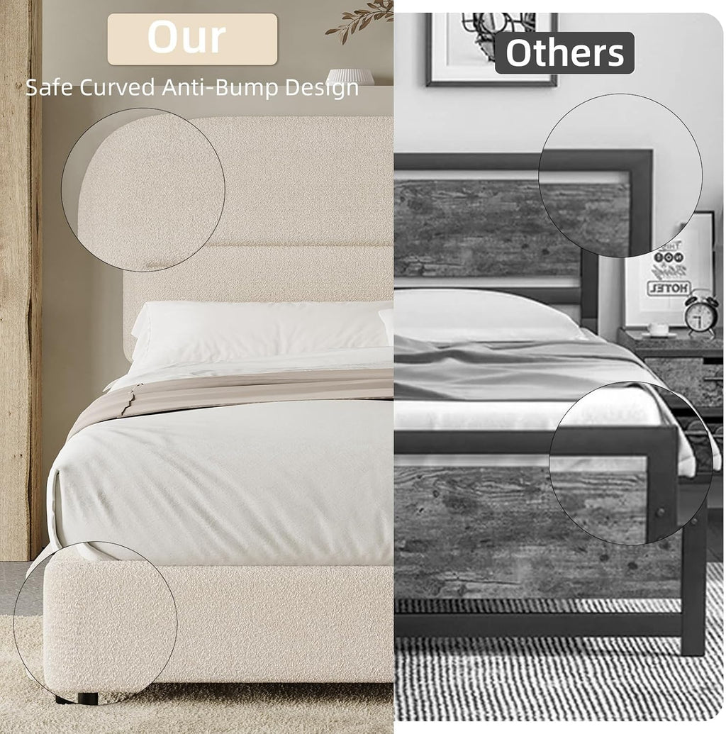 HOMBCK Full Size Boucle Bed Frame, Upholstered Bed Frame Full with Headboard, Soft BedFrame with Thickened Footboard, Soft Rounded Corners, No Box Spring Required, Easy Assembly, Cream