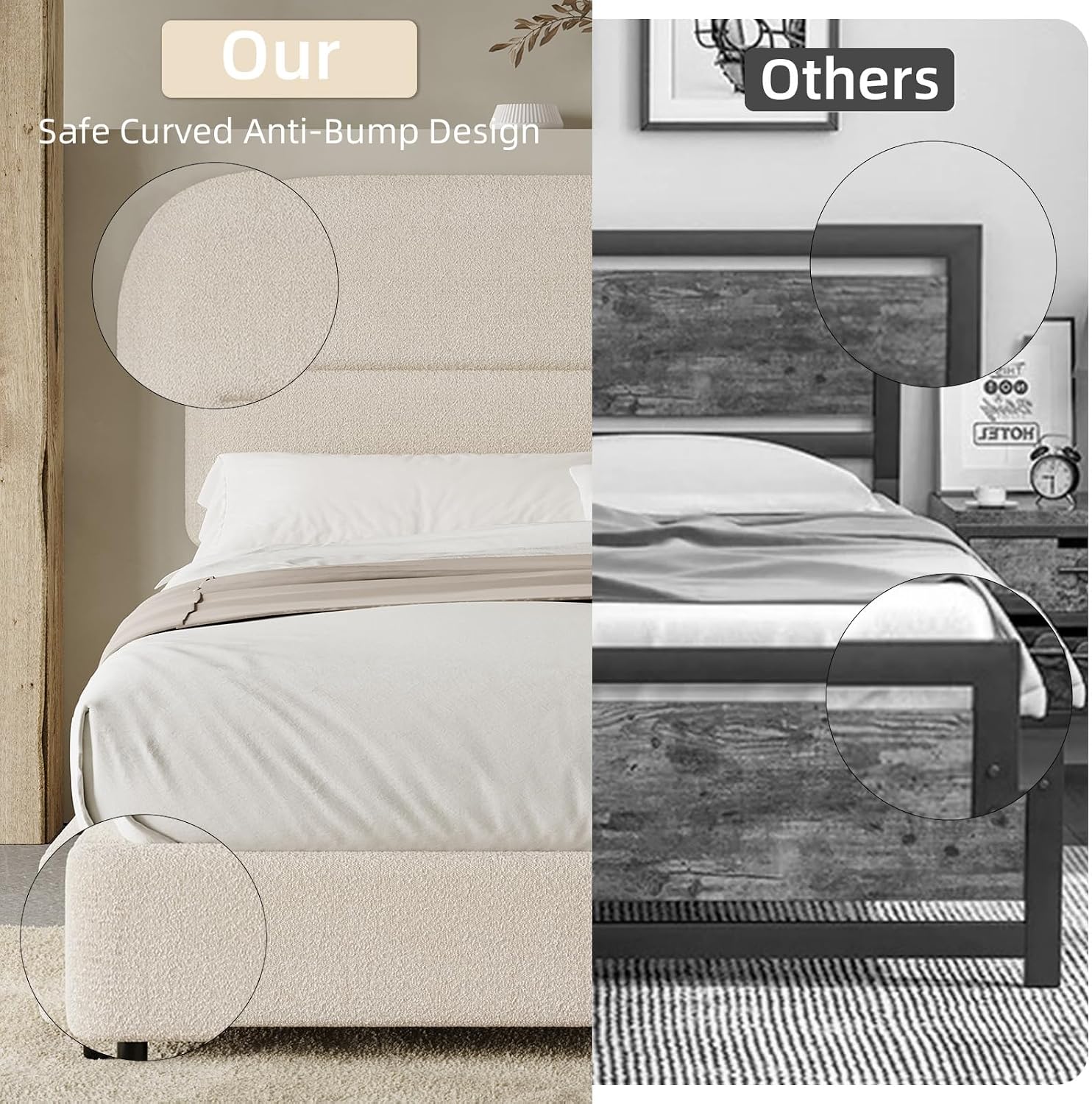 HOMBCK Full Size Boucle Bed Frame, Upholstered Bed Frame Full with Headboard, Soft BedFrame with Thickened Footboard, Soft Rounded Corners, No Box Spring Required, Easy Assembly, Cream