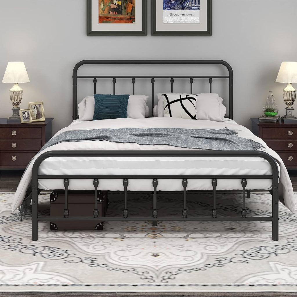 DUMEE Metal Queen Bed Frame with Headboard and Footboard Farmhouse Platform Bed Frame Queen Size Under Bed Storage No Box Spring Needed, Textured Black