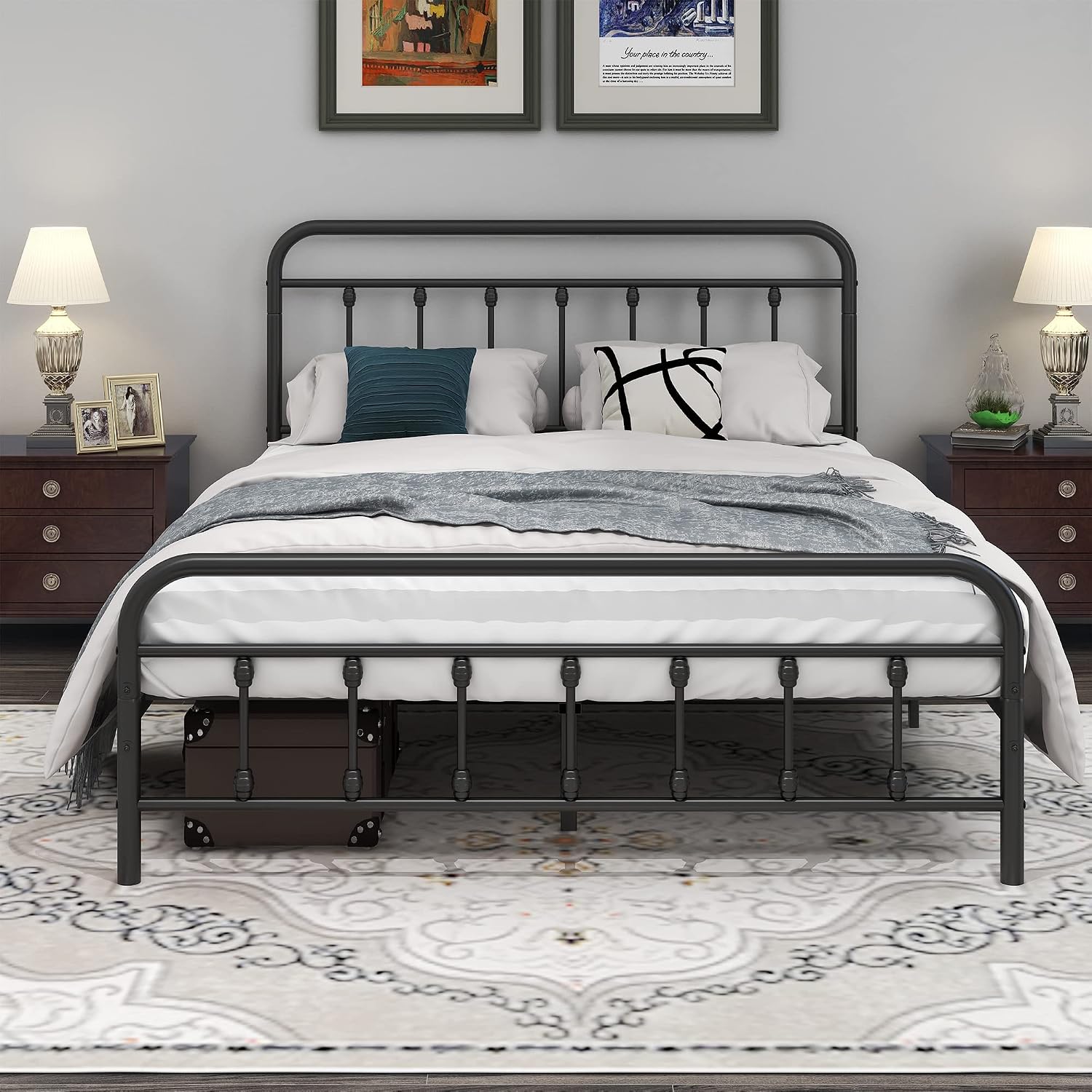 DUMEE Metal Queen Bed Frame with Headboard and Footboard Farmhouse Platform Bed Frame Queen Size Under Bed Storage No Box Spring Needed, Textured Black