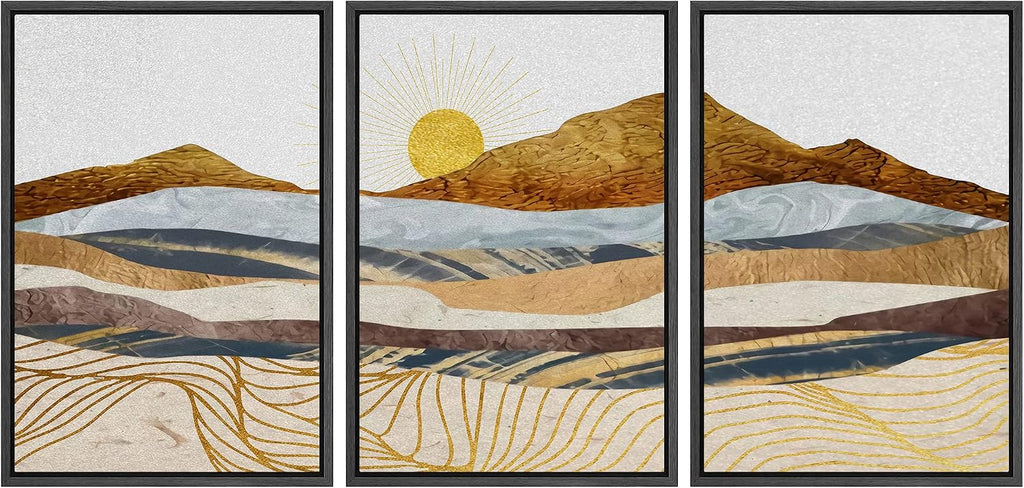 wall26 Framed Canvas Print Wall Art Set Gold Wave Geometric Mountain Range Nature Wilderness Illustrations Modern Art Decorative Landscape Zen for Living Room, Bedroom, Office - 16'x24'x3 Black