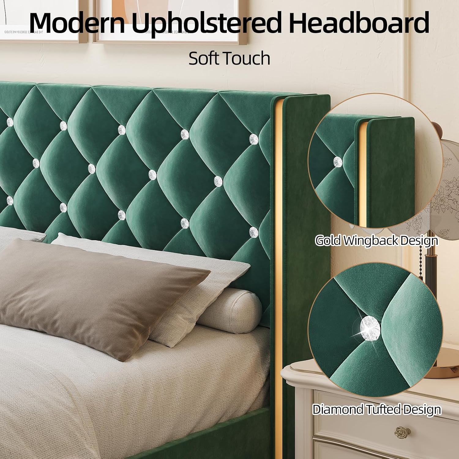 HOMBCK Full Bed Frame with Headboard, Velvet Upholstered Bed with Diamond Tufted Design, Mordern Bed Frame with Wingback and Wooden Slats Suppor, No Box Spring Required, Easy Assembly, Green