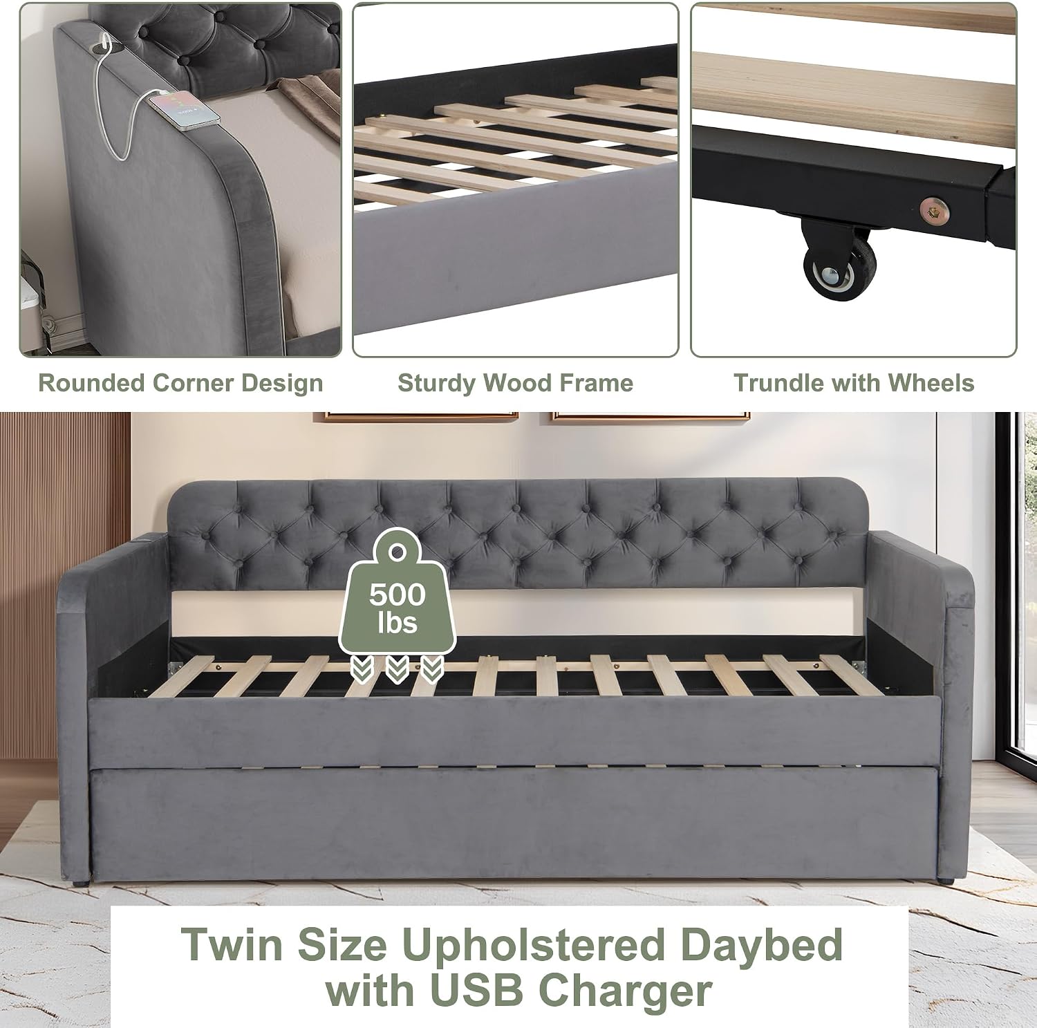 Twin Size Daybed with Trundle Bed, Upholstered Daybed with 2 USB Ports, Sturdy Metal and Wood Frame, Tufted Sofa Bed for Bedroom, No Box Spring Needed, Grey