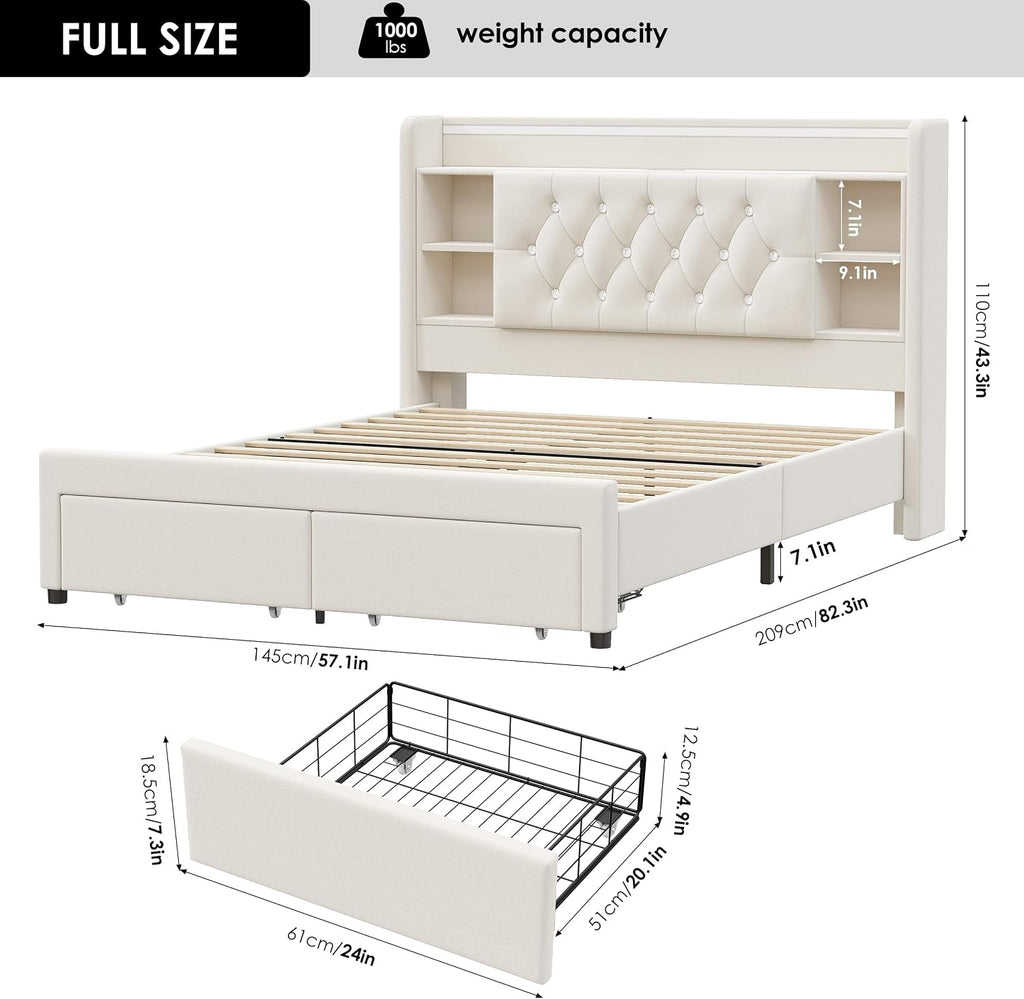 Full Bed Frame with Drawers, Hidden-Cubby & Shelves Storage Headboard with Charging Station and LED Lights, Velvet Upholstered Platform Bed Solid Wooden Slats Support No Box Spring Needed, Beige