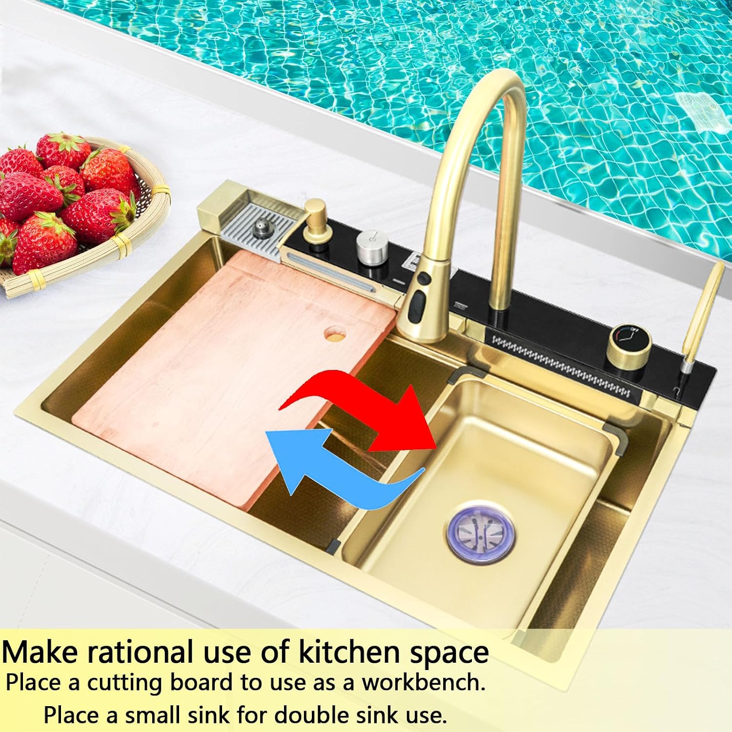 Kitchen sinks with multifunctional kitchen faucet, Gold stainless steel sink with cup washer, waterfall kitchen sink gray with complete accessory set (29.5'x18'x9', Gold)