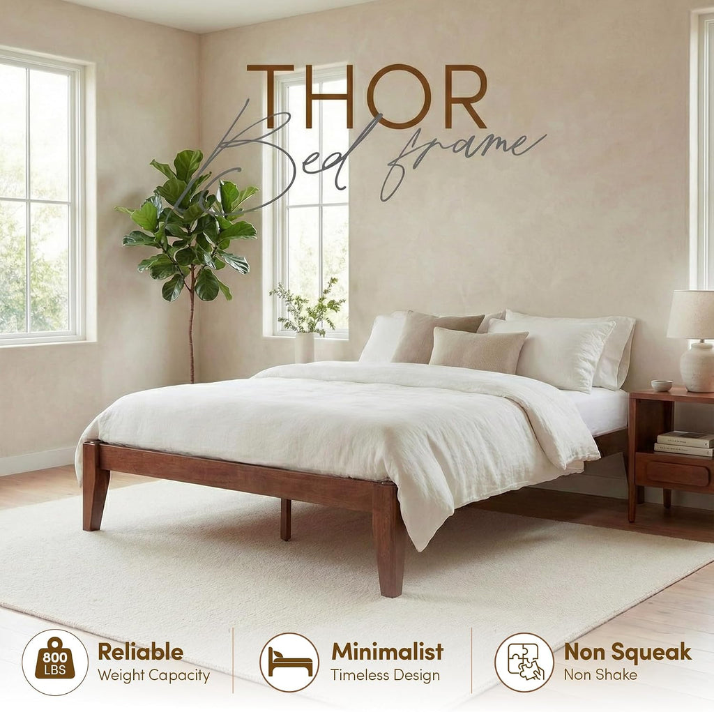 Thor Premium Solid Wood Bed Frame Queen, Japanese Joinery Bed Frame with Wood Slat Support, Platform Bed, No Box Spring Needed, Easy Assembly, Minimalist & Modern Style (Mahogany)