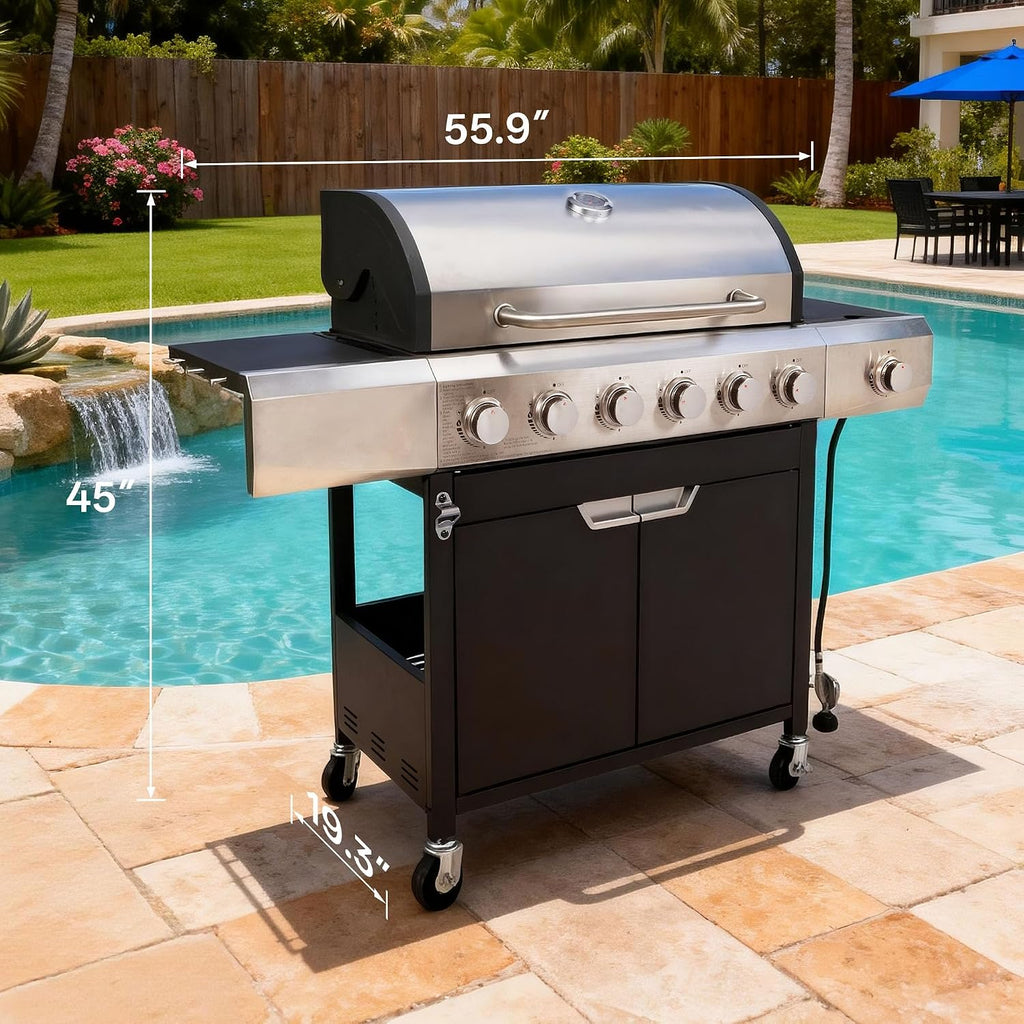 Endark 6-Burner 68,500 BTU Propane Gas Grill with Side Burner, Stainless Steel & Porcelain Grates, Wheeled BBQ Grill for Patio, Garden, Backyard, Outdoor Cooking