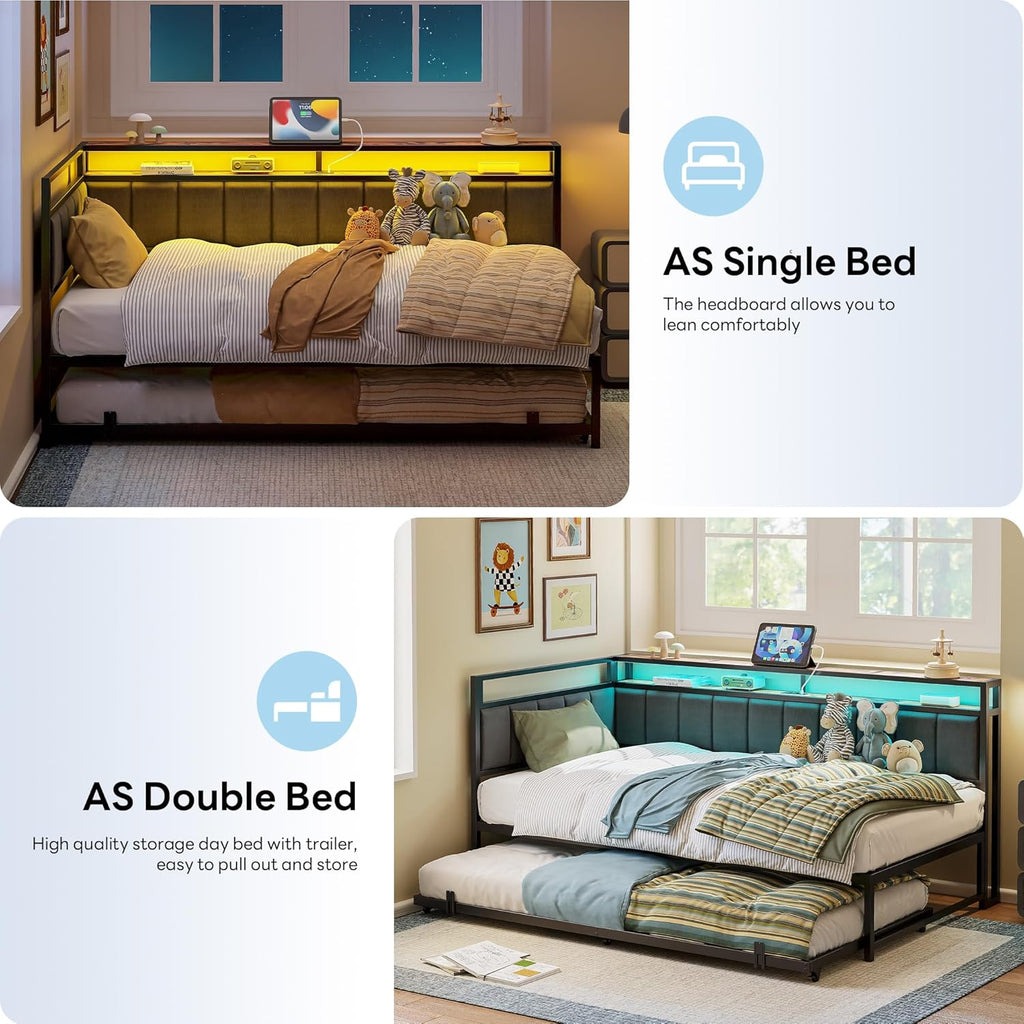 LIKIMIO Corner Twin Bed Frame with Trundle, Upholstered Storage Headboard & LED Lights, Twin Size Daybed with Charging Station, Sturdy Platform Metal Frame for Living Room, Bedroom, Guest Room, Gray